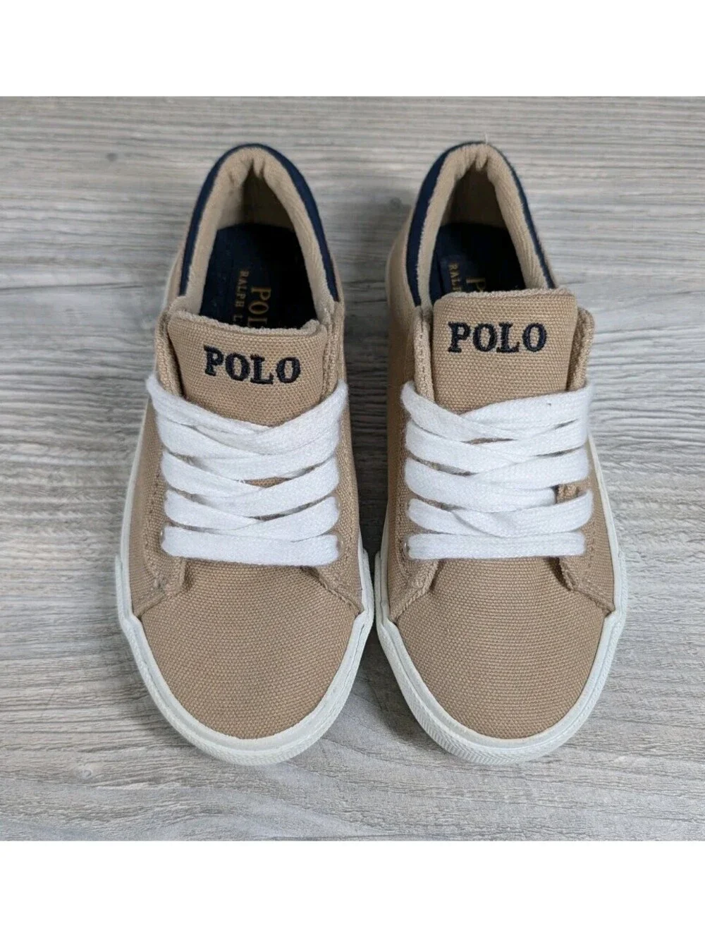 Polo Ralph Lauren Toddler 12 Tan Canvas Lace Up Sneakers Casual Shoes Kids Beige